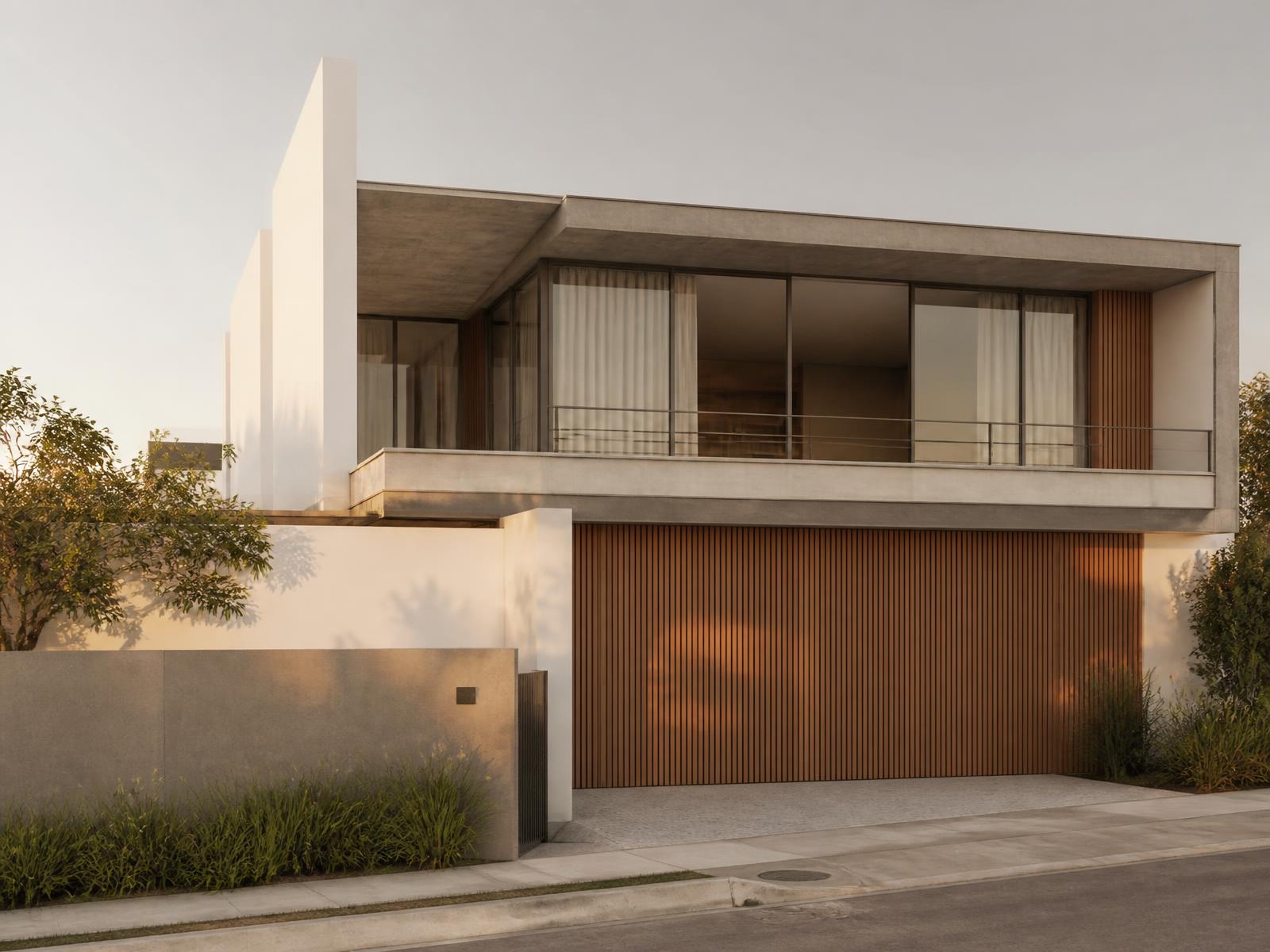 Fachada de residência contemporânea com concreto aparente, madeira e grandes vidros